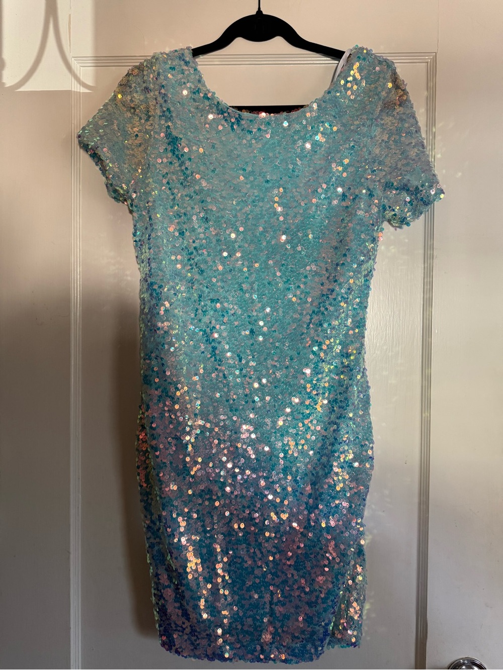 NWT Sparkling Aqua Sequin Short Sleeve Dress Size 15/16